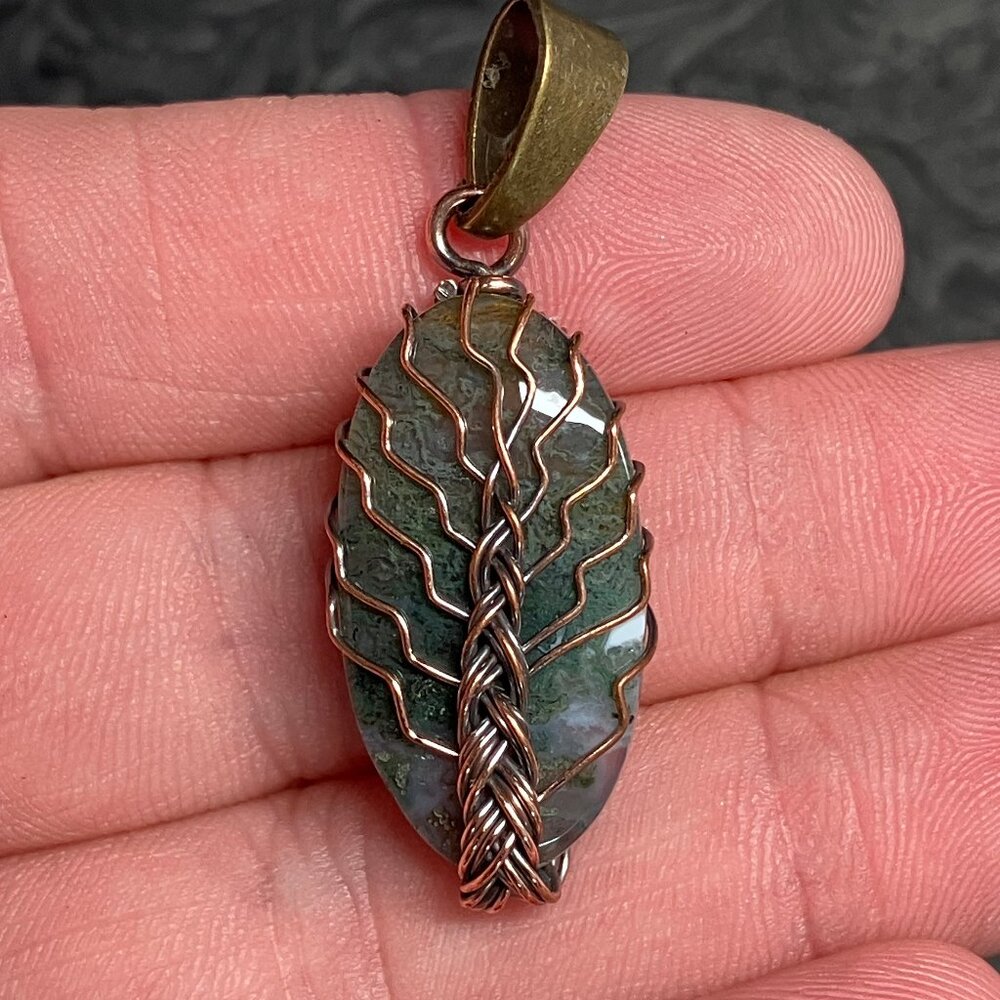 Moss Agate Wire Wrapped Tree of Life Pendant Stone Crystal Jewelry